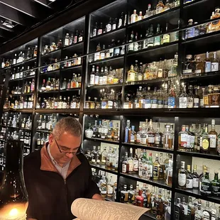 Wall of scotch, Irish whiskey, and bourbon