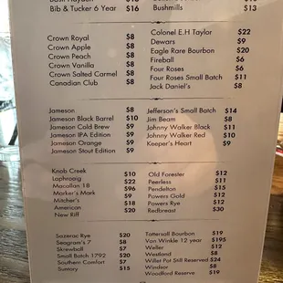 Whiskey menu