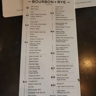 Bourbon and Rye Menu