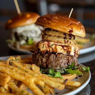 two burgers and french fries