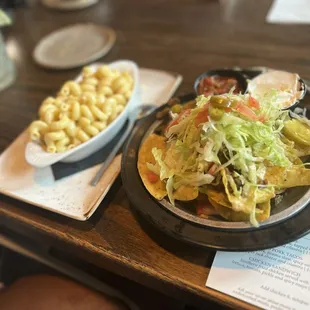 Beef nachos and Mac and no cheese