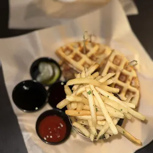 Chicken waffle sandwich ( sauces on the side to control the heat)