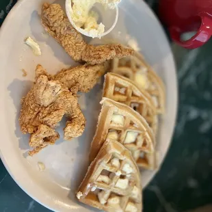 Chicken &amp; waffles. I had already started to butter them before I remembered to snag a pic.