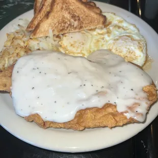 Chicken fried chicken w/ eggs.