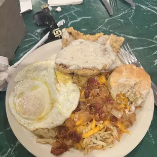 Chicken fried steak with loaded hashbrowns