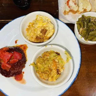 Meatloaf, broccoli casserole. green beans, and corn pudding