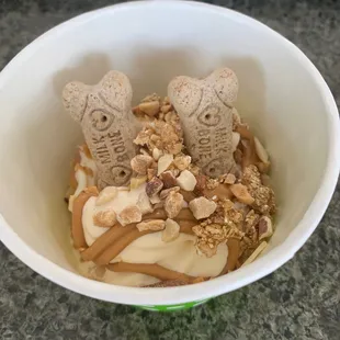 Vanilla Froyo with peanut, almond, beanie butter and milk bones for the Dog.