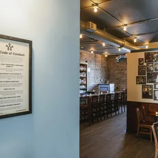 a restaurant with a menu on the wall