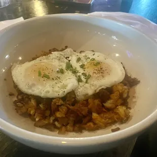 Pulled pork hash with 2 over easy eggs