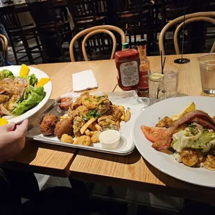 Crab Orleans Salad; Mixed Seafood Platter (oysters, shrimp and catfish);  Wedge with Blackened Shrimp