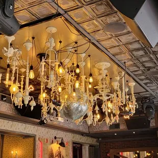 a chandelier hanging from the ceiling