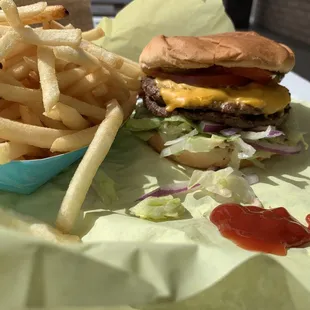 Double cheese fries and a splat of ketchup