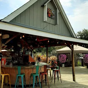 a bar with colorful chairs