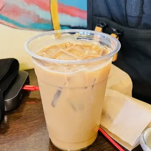 Iced honey latte with homemade honey syrup, unlike the chains that just pour straight honey into a cold drink.