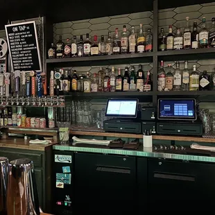 the bar counter and shelves