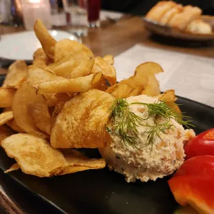 Smoked Salmon Dip -- GF served with house made potato chips $16