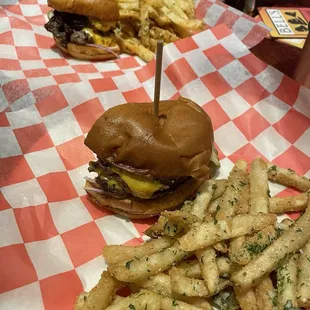 Smash burger melt, cut in 1/2 to share with truffle fries