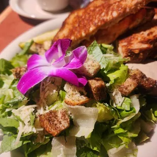 Deluxe grilled cheese and side caesar with tomato soup