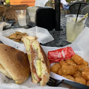 Key Grove Cuban (extra pickles) with tots, an appetizer of Wicked Pickle Chips, and the bar DIY'd a pickle juice mocktail for me