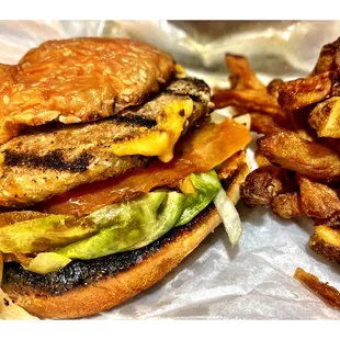 Char Turkey Burger w/Cheese &amp; Grill Onions @ The Wiener&apos;s Circle.Chicago, IL Hot Dogs Char Burgers Char Polish.Great Fries.Cool!