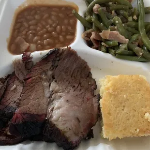 Brisket platter with baked beans, green beans &amp; cornbread