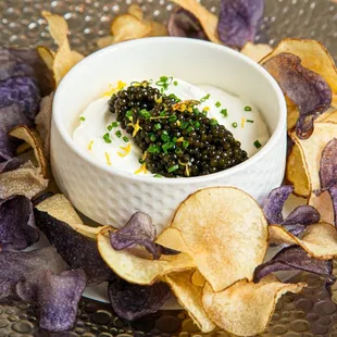 Caviar, cream fraiche, house made potato chips