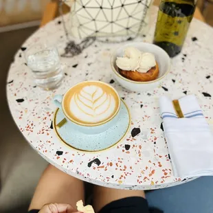 Lavender rosemary latte, Flan tart with vanilla ice cream!