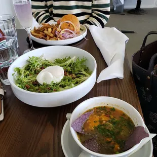 soup, salad, burger
