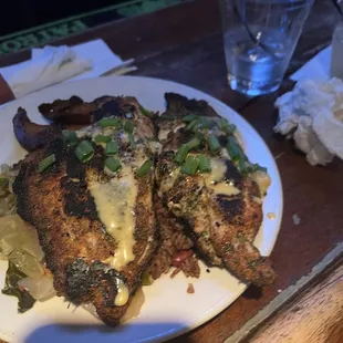 Blackened catfish, rice &amp; peas, cabbage