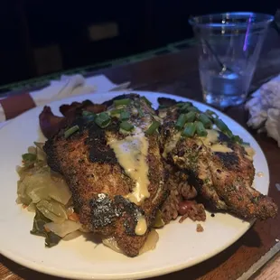 Blackened catfish, cabbage, rice and peas, and plantain