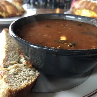 Roasted Tomato Soup with Black eyed peas (Italian style with fresh cheese chard and potato served with toasted cheesy bread)