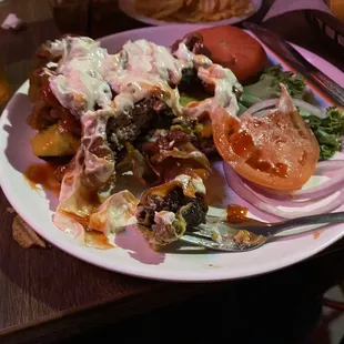 Double cheese burger no buns, toppings were brought out separately.