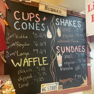 Bubba's ice cream price list