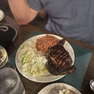 My father in law's meal. Ribeye, salad, baked beans and potato.