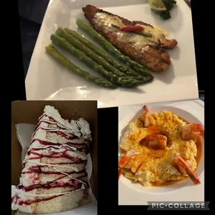 Shrimp &amp; Grits, Blackened Red Fish, White Chocolate Rapsberry Cake