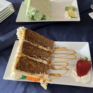 Enormous carrot and key lime cake slices