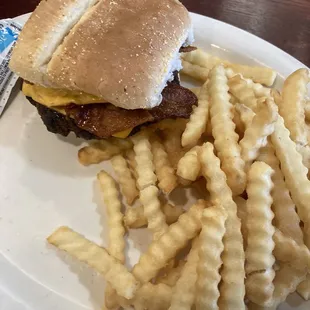 Bacon cheeseburger and fries