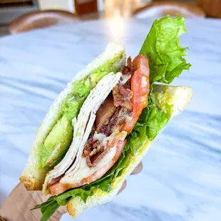 a hand holding a sandwich