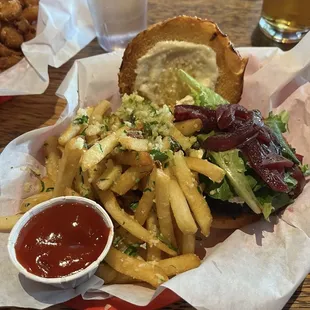 Burger and garlic fries