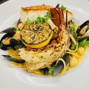 Seafood Pasta: Mussels, Bay Scallops, Shrimp, Kale, &amp; Linguine tossed in a Creamy Seafood Tomato Broth t/w Seared Seabass &amp; Lobster Tail
