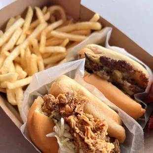 FRIED CHICKEN SANDWICH + DOUBLE CHEESEBURGER