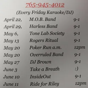 Entertainment schedule