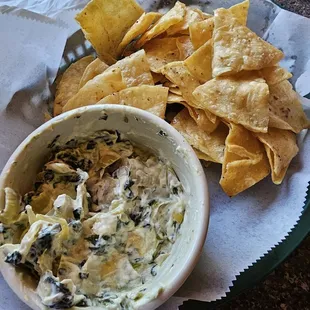 Spinach artichoke dip with fresh house-made tortilla chips