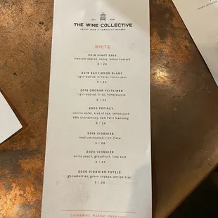 White wine menu