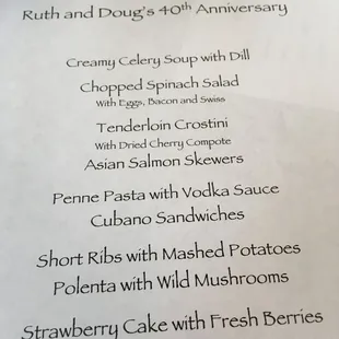 Menu for upcoming Gourmet meal with wine pairing