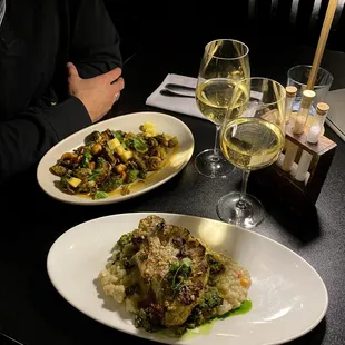 Top: brussel sprouts salad, bottom: cauliflower steak