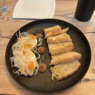 BURRATA fennel &amp; vanilla onion jam, tamarind caramel, Satsuma orange, toasted focaccia