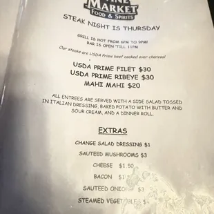Steak night menu .... there is another regular menu as well.