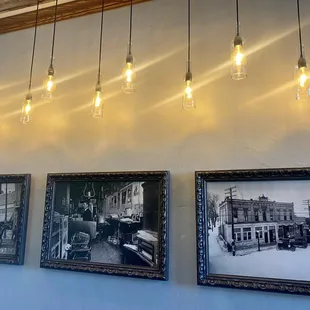 a row of light bulbs hanging from the ceiling