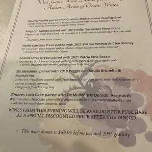 Wild game and wine dinner